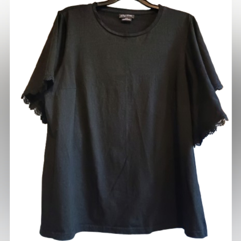 City Chic Black Cotton Top Size 16 Bell Sleeve Lace Trim‎ Boho Minimalist